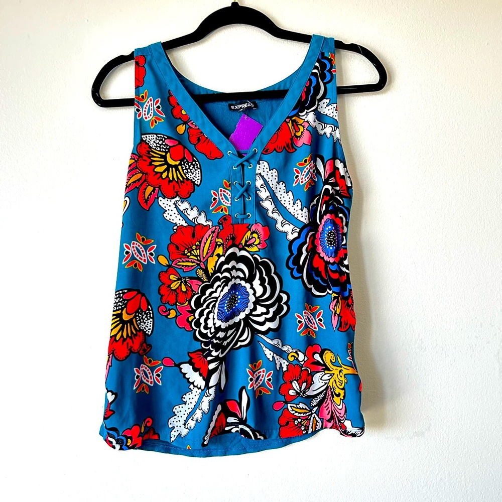NWT Express Small Teal Bold Floral Mixed Fabric Lace Up V-Neck Tank top shirt